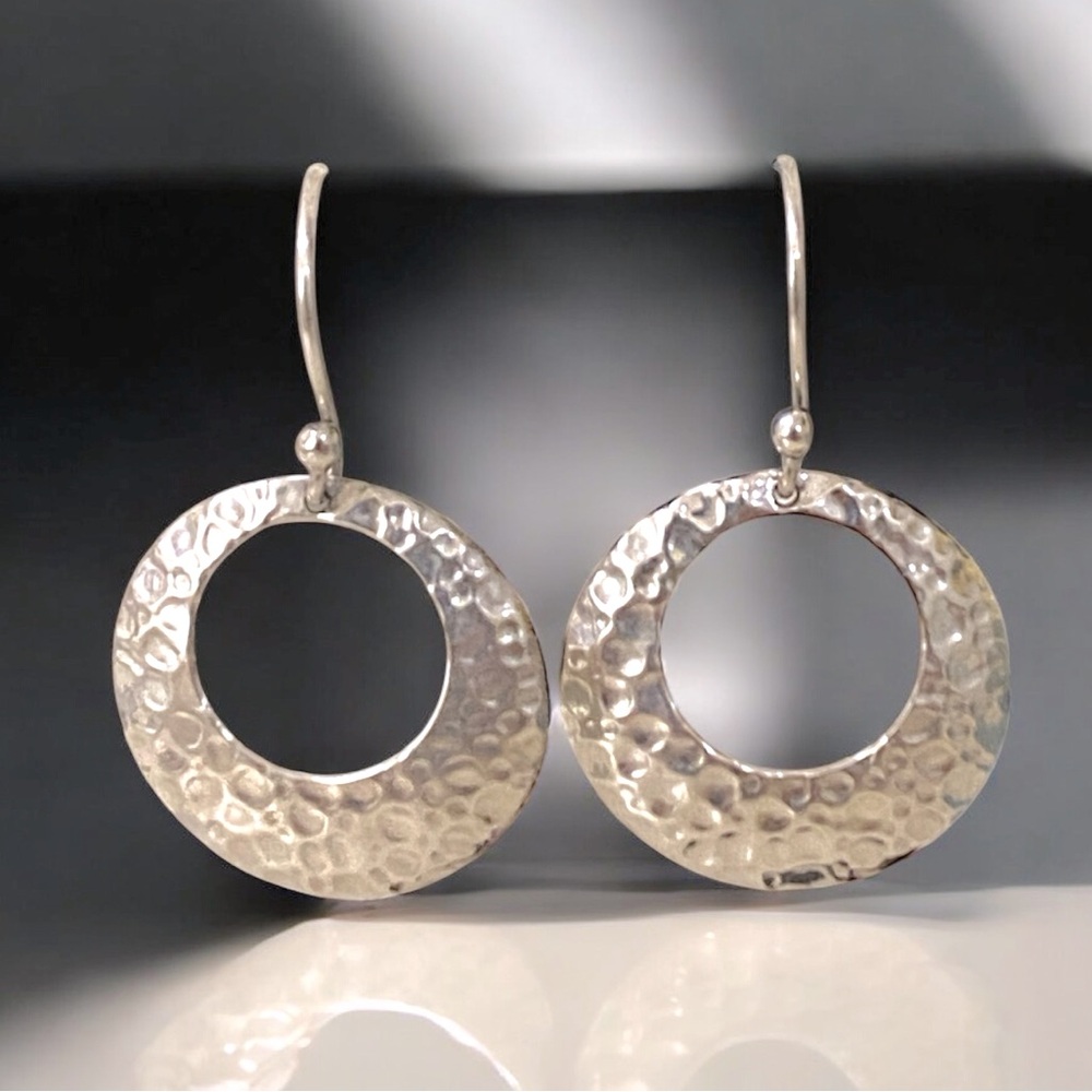 Silver Hammered Open Circle Hoop Earrings with Polished Finish